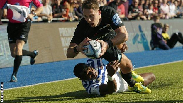 Liam Williams scores his first try of the afternoon for Saracens