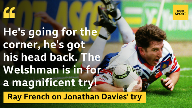 Jonathan Davies hits the deck, having burned off the covering Brett Mullins
