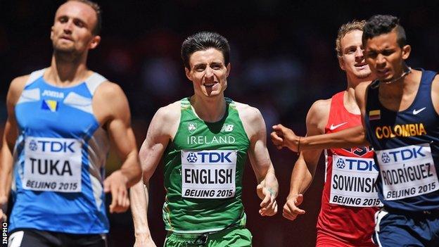 Mark English sprints for the line in his 800m heat in Beijing