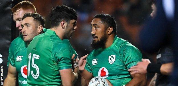 Bundee Aki celebrates his try with Jimmy O'Brien