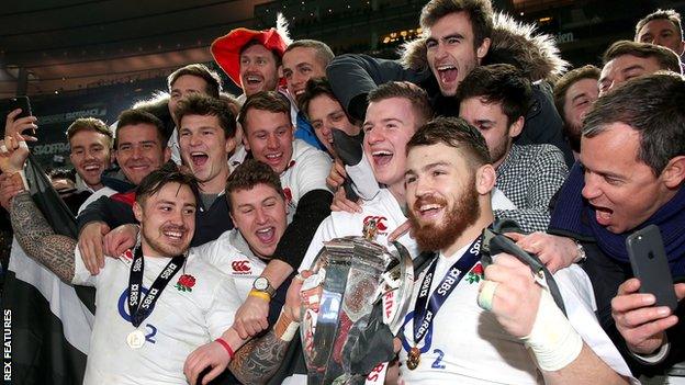 Jack Nowell and Luke Cowan-Dickie celebrate England's Grand Slam with the fans