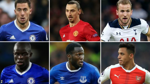 (top left to bottom right) Eden Hazard, Zlatan Ibrahimovic, Harry Kane, N'Golo Kante, Romelu Lukaku, Alexis Sanchez