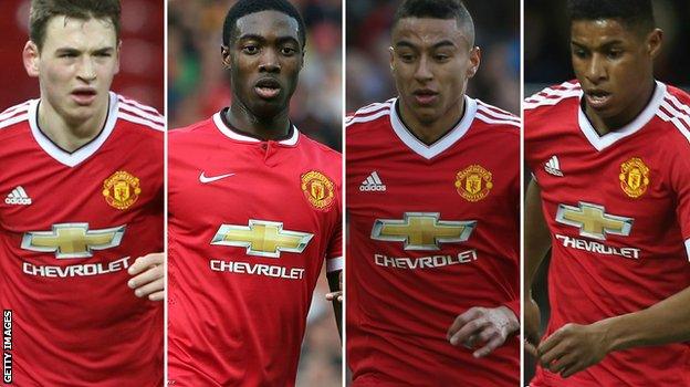 Donald Love, Tyler Blackett, Jesse Lingard and Marcus Rashford