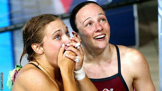 Alicia Blagg and Rebecca Gallantree of England react after winning the gold in the Women's Synchronised 3m Springboard Final