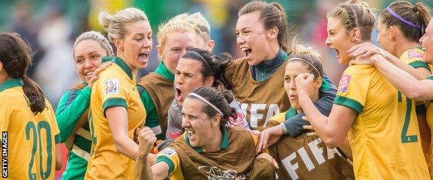 Australia celebrate scoring against Sweden