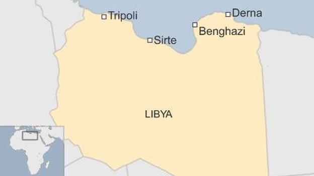 Map showing Libya and major cities including Sirte