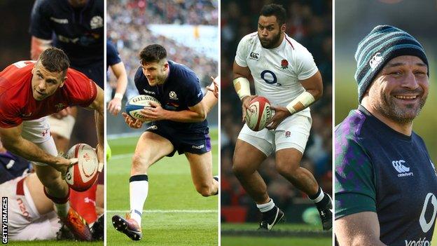 A split picture showing Wales' Gareth Davies, Scotland's Blair Kinghorn, England's Billy Vunipola and Ireland's Rory Best