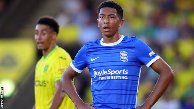 Jude Bellingham playing for Birmingham City against Norwich City