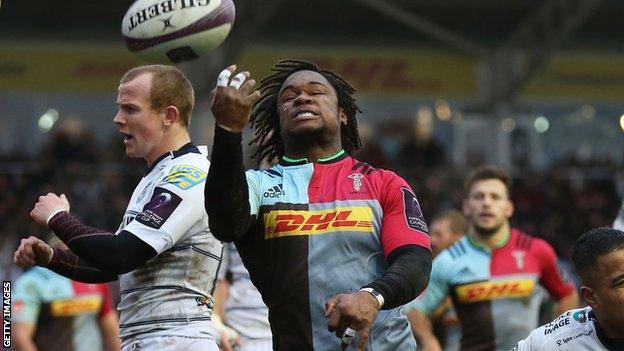 Harlequins winger Marland Yarde scores a first-half try against Cardiff