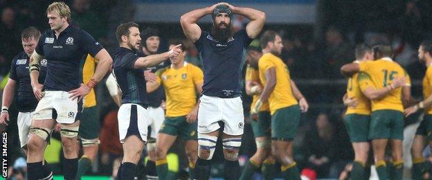 Scotland are beaten by Australia in the 2015 Rugby World Cup quarter-final