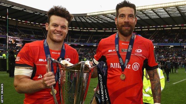 Duncan Taylor and fellow Scot Jim Hamilton hold the European Champions Cup