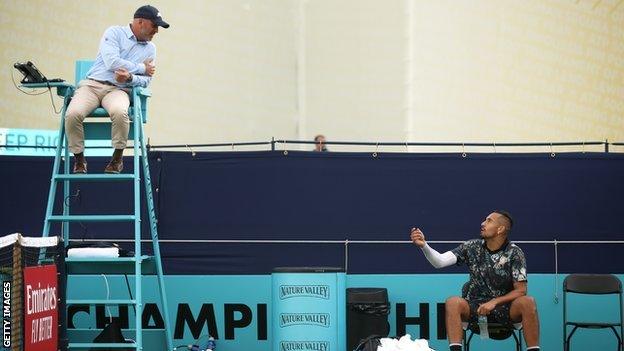 Kyrgios in heated discussion with chair umpire at Queen's