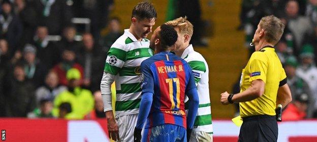 Neymar and Celtic defender Mikael Lustig went head to head at Celtic Park last November during Barca's 2-0 win