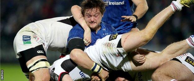 Ulster's Peter Nelson is tackled by Andrew Porter of Leinster