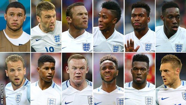 Top row (left to right): Alex Oxlade-Chamberlain, Rickie Lambert, Wayne Rooney, Raheem Sterling, Daniel Sturridge, Danny Welbeck. Bottom row (left to right): Harry Kane, Marcus Rashford, Rooney, Sterling, Sturridge, Jamie Vardy