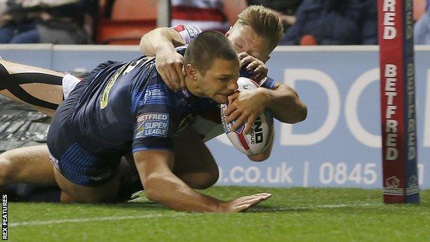 Ryan Hall try for Leeds at Leigh