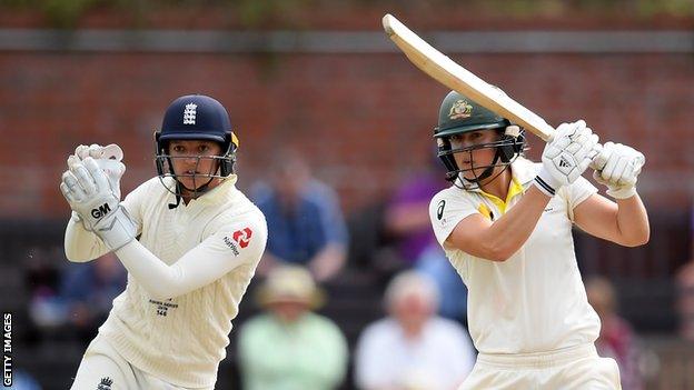 Ellyse Perry plays a shot during the 2019 Women's Ashes Test