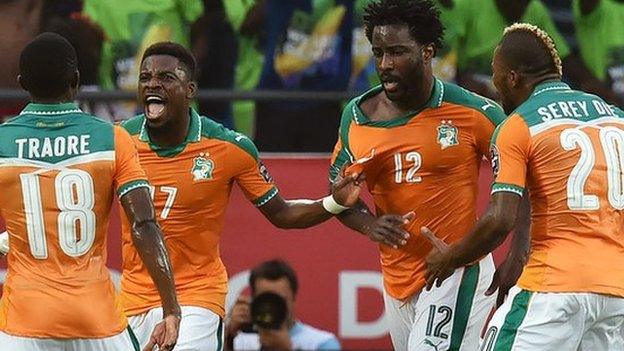 Ivory Coast celebrate their first goal against DR Congo