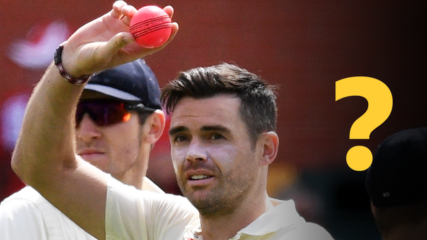 England bowler James Anderson celebrates a five-wicket haul alongside a 鶹ҳ Sport question mark quiz graphic