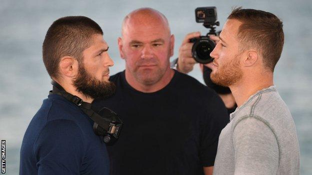 Khabib Nurmagomedov, Dana White and Justin Gaethje at the pre-fight press conference for UFC 254