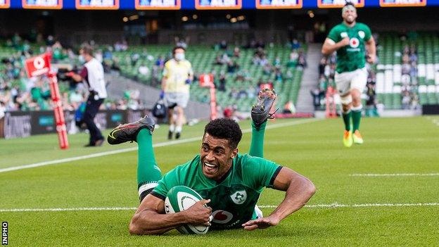 Robert Baloucoune celebrates scoring a try on his Ireland debut against USA last summer