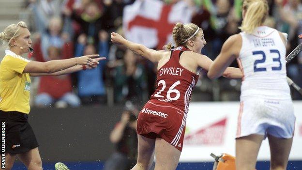 Lily Owsley celebrates after scoring against the Netherland at the European Championships