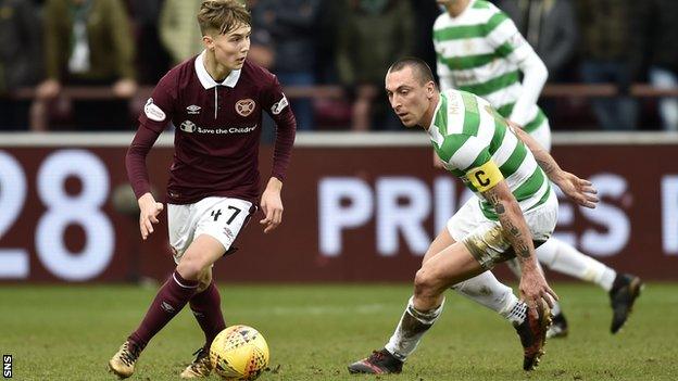 Hearts' Harry Cochrane shields the ball from Celtic's Scott Brown in Hearts' 4-0 win at Tynecastle in December