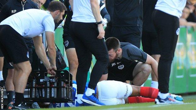 Louis Thompson was stretchered off early on in Portsmouth's 3-1 League One victory over Bristol Rovers