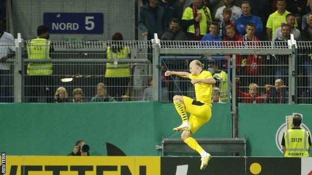 Erling Braut Haaland celebrates scoring for Borussia Dortmund against Wehen