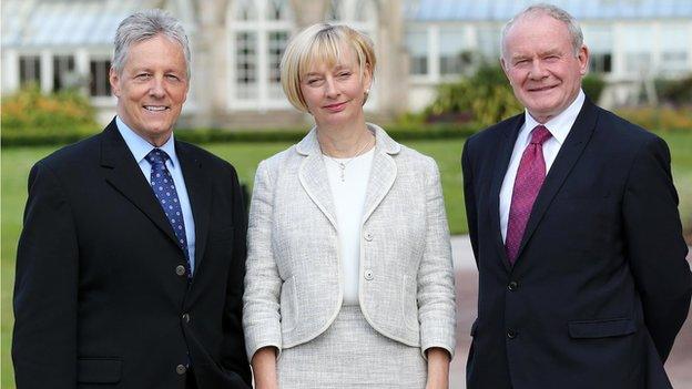 Peter Robinson and Martin McGuinness with new victims' commissioner Judith Thompson