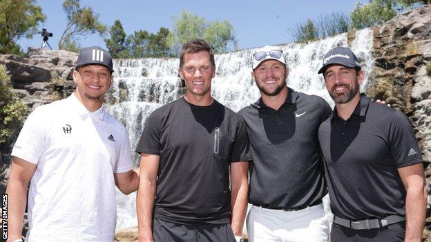 Patrick Mahomes, Tom Brady, Josh Allen and Aaron Rodgers before their golf match in Las Vegas