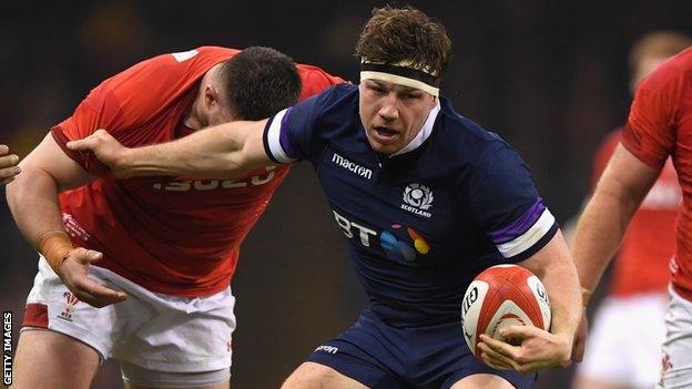 Hamish Watson runs with the ball for Scotland against Wales