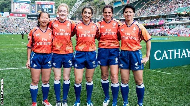 Hollie Davidson and a team of World Rugby officials at the sevens event in Dubai 2016