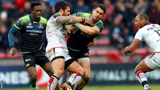 Toulouse centre Yann David tackles Connacht's Tiernan O'Halloran at the Stade Ernest Wallon