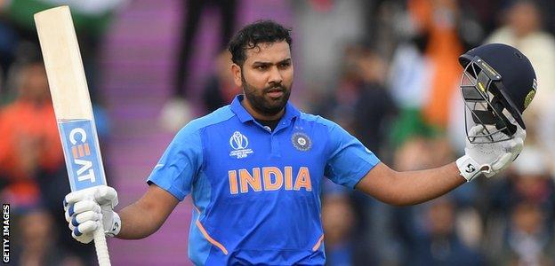 Rohit Sharma celebrates hitting a century against South Africa