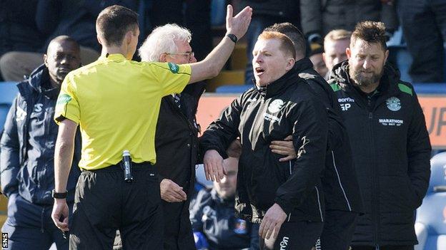 Neil Lennon is sent to the stand by referee Kevin Clancy