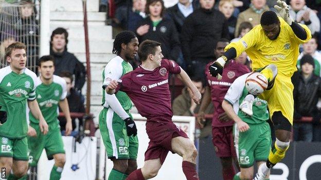 Yves Ma-Kalambay kicks the ball clear for Hibernian against Hearts