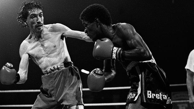 Dave 'Boy' McAuley and Fidel Bassa in the ring during their 1987 world flyweight title fight at the Kings Hall in Belfast