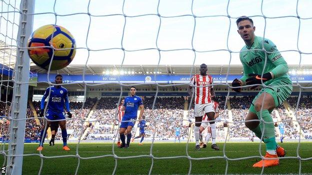 Stoke keeper Jack Butland scores an own goal at Leicester