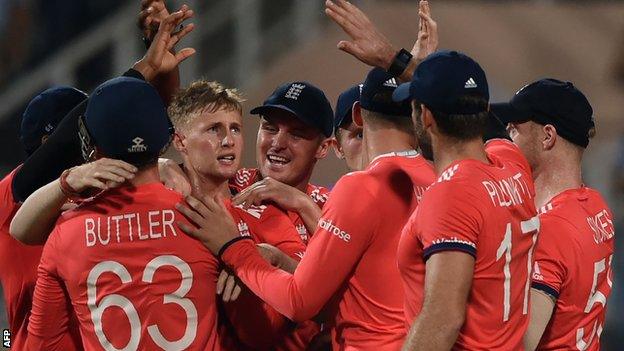 Joe Root celebrates a wicket in the World Twenty20 final