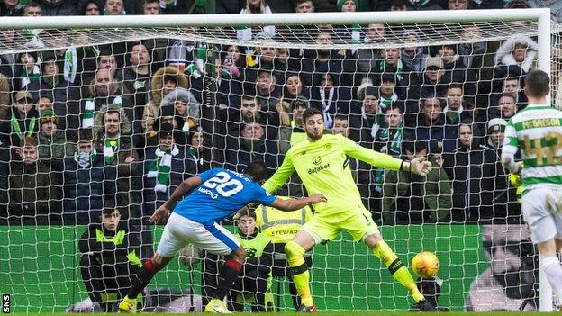 Rangers striker Alfredo Morelos's header saved by Celtic goalkeeper Craig Gordon