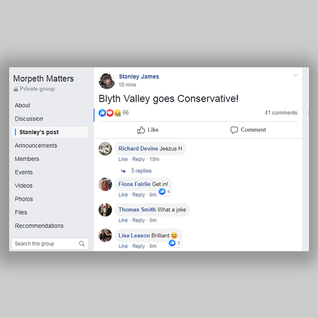 Facebook post, "Blythe Valley goes Conservative!"