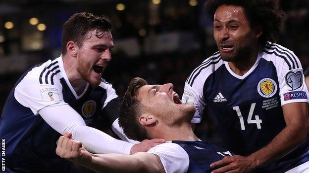 Scotland's Andy Robertson, Chris Martin and Ikechi Anya celebrate