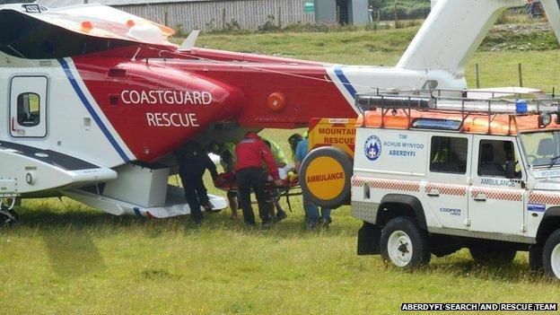 The woman was airlifted to Bronglais hospital in Aberystwyth