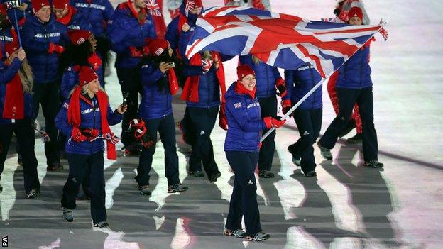 Great Britain's Lizzy Yarnold carries the Great Britain flag at the opening ceremony