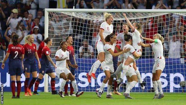 England celebrating a goal against Norway in the 2019 Women's World Cup quarter-final