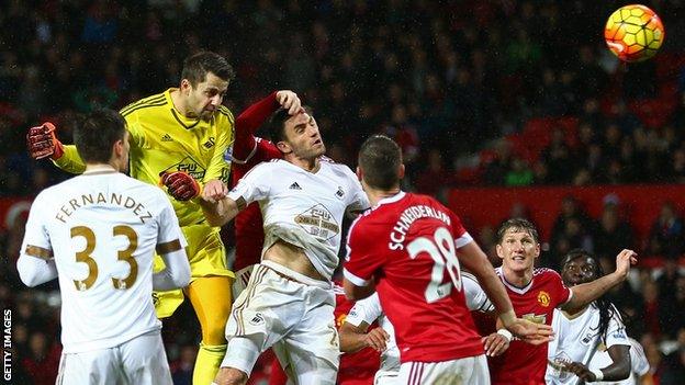 Swansea City goalkeeper Lukasz Fabianski heads inches wide in stoppage time