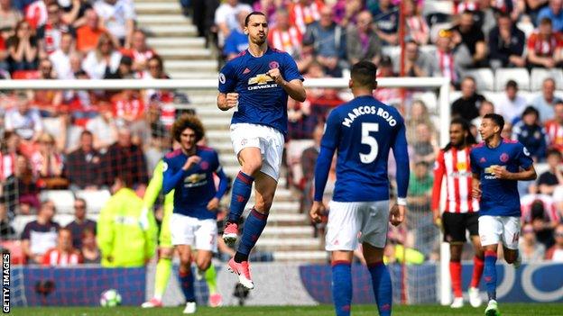 Manchester United striker Zlatan Ibrahimovic celebrates scoring against Sunderland