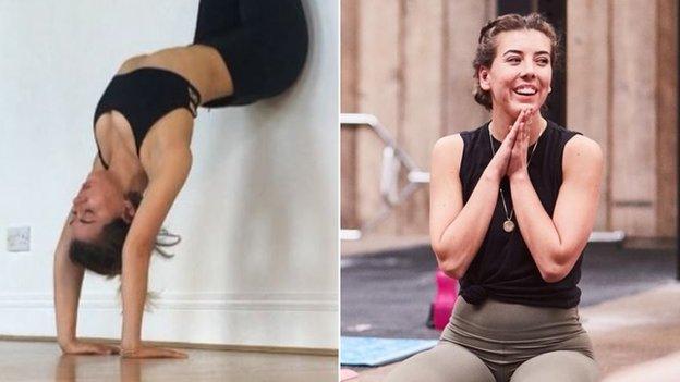 India Hewitt practising yoga while struggling with anorexia (left) and teaching yoga a few years later (right)