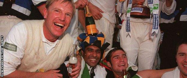 Hugh Morris and Waqar Younis celebrate winning the 1997 County Championship with Glamorgan